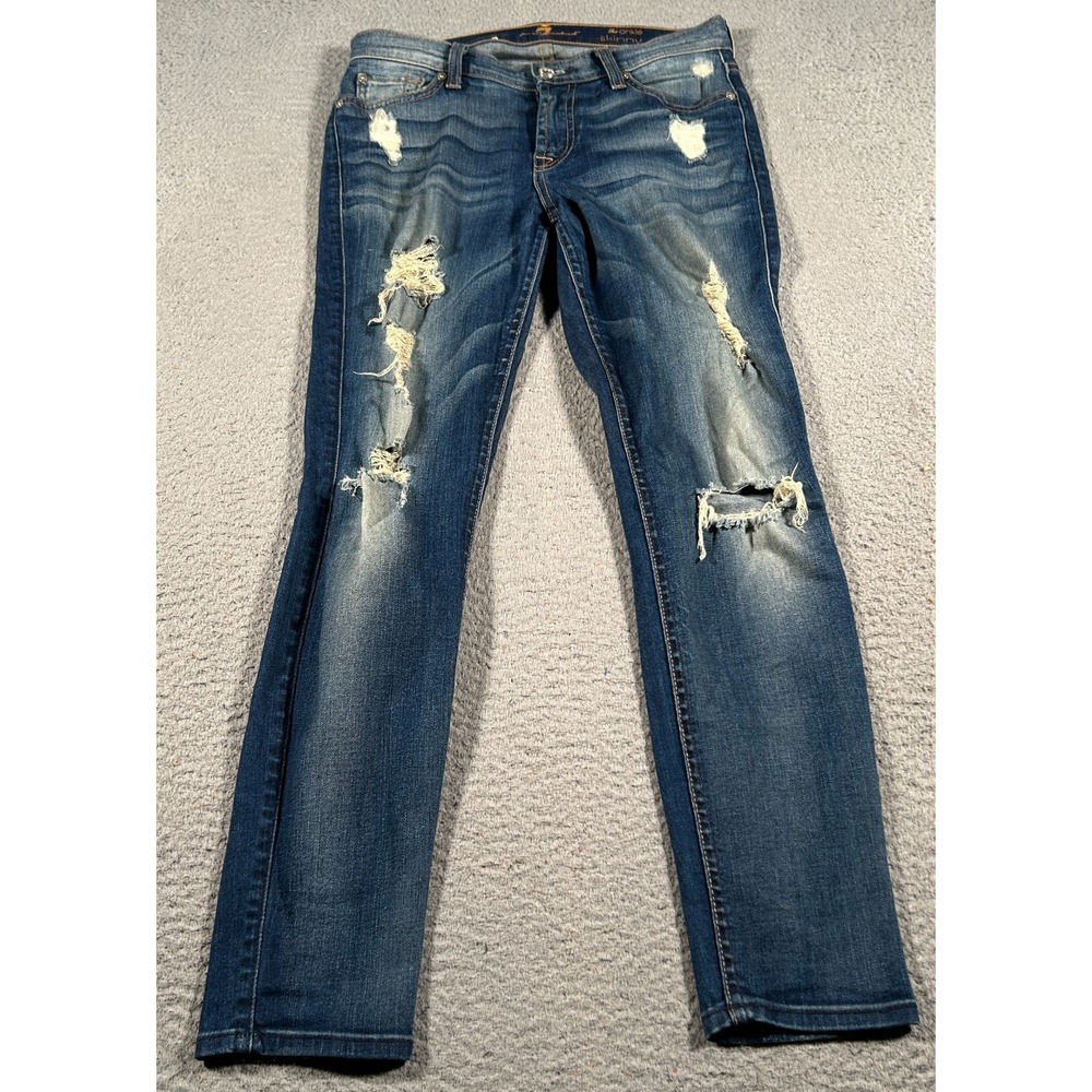 7 For All Mankind Ankle Jeans Womens 26 29X26 Blue Denim Skinny Leg Distressed